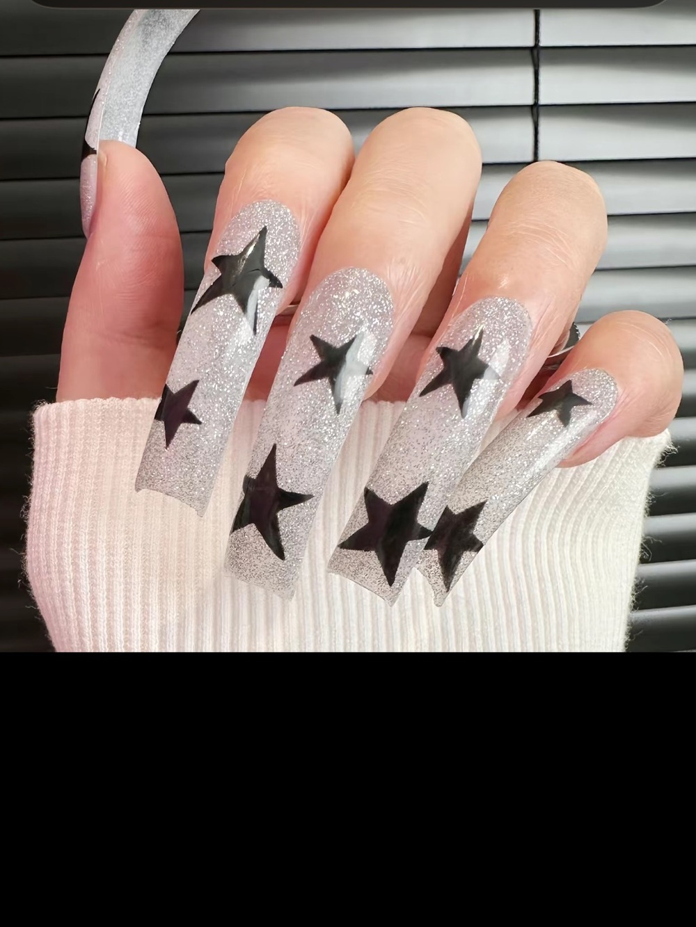 Y2K Silver Glitter Black Star Press On Nails Medium Long NEW